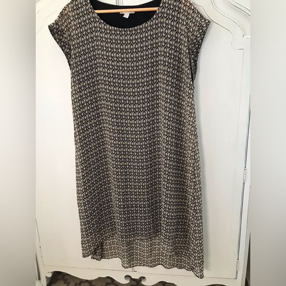 Dana Buchman Black Tan Geometric Diamond Sheer Overlay Cap Sleeve Dress Size L